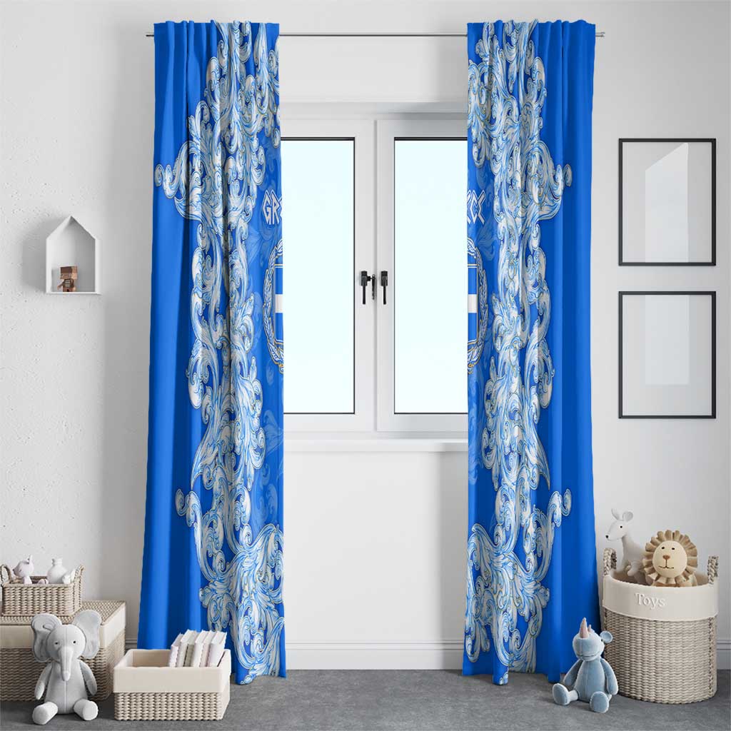 Greece Baroque Pattern Window Curtain with Greek Flag Crest and Country Map