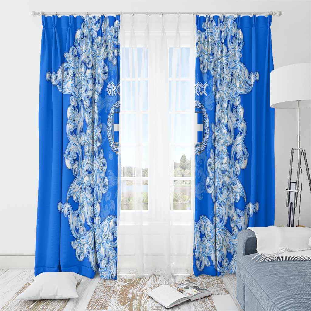 Greece Baroque Pattern Window Curtain with Greek Flag Crest and Country Map
