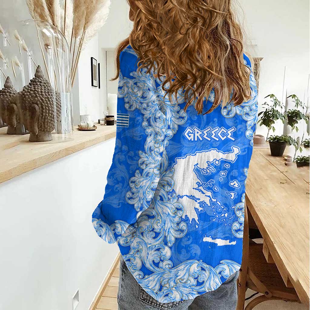 Greece Baroque Pattern Women Casual Shirt with Greek Flag Crest and Country Map