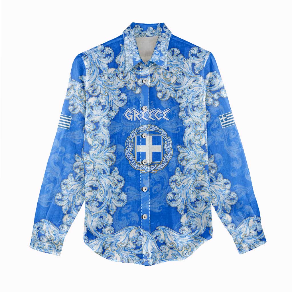 Greece Baroque Pattern Women Casual Shirt with Greek Flag Crest and Country Map