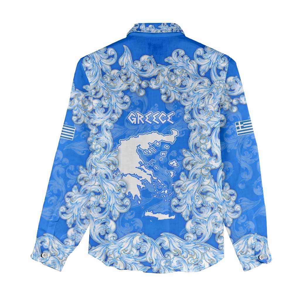 Greece Baroque Pattern Women Casual Shirt with Greek Flag Crest and Country Map