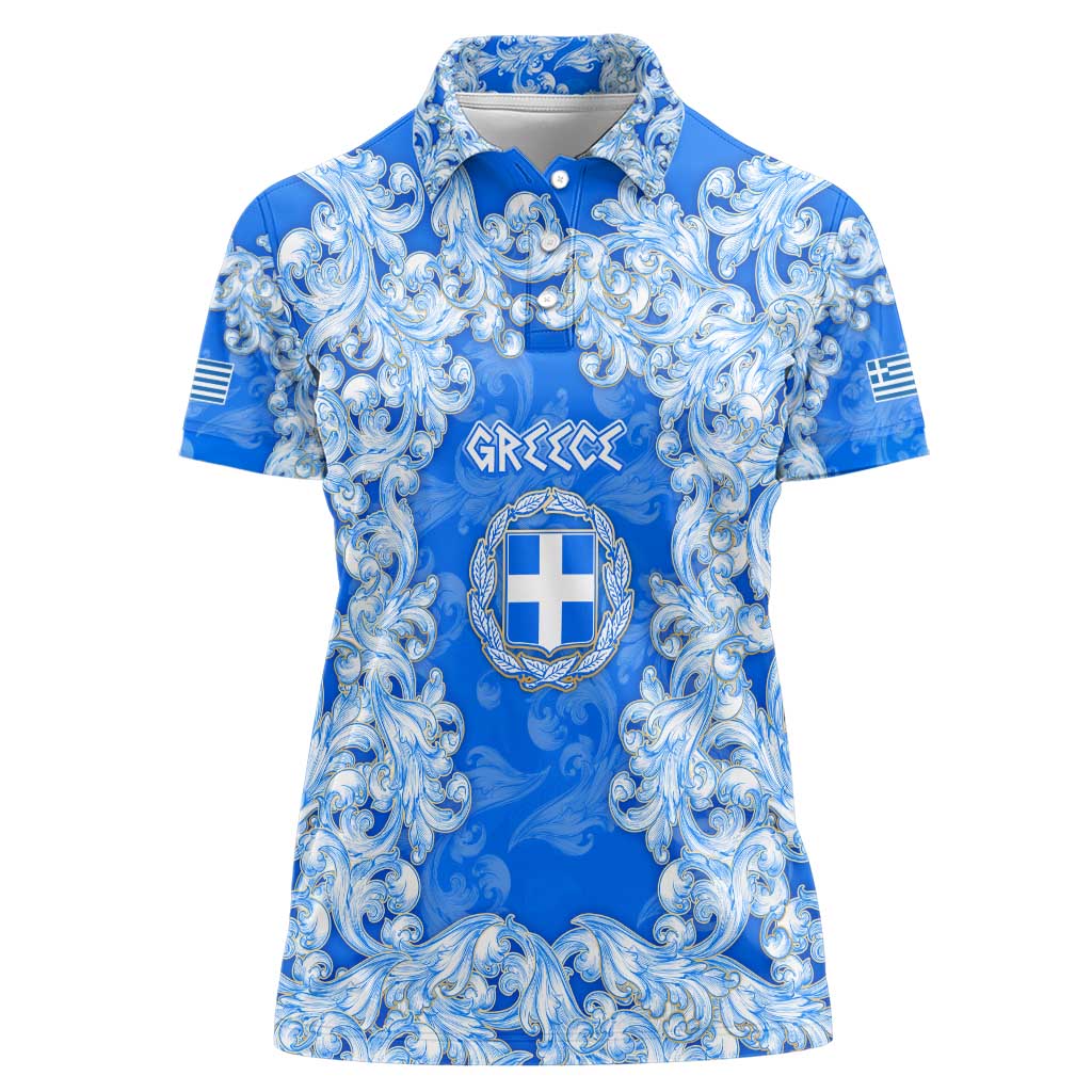 Greece Baroque Pattern Women Polo Shirt with Greek Flag Crest and Country Map