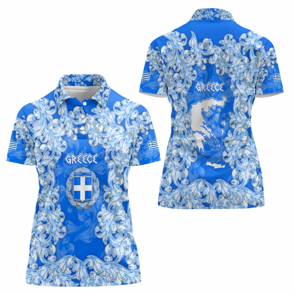 Greece Baroque Pattern Women Polo Shirt with Greek Flag Crest and Country Map