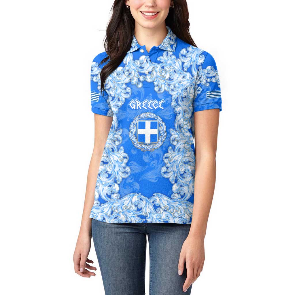 Greece Baroque Pattern Women Polo Shirt with Greek Flag Crest and Country Map