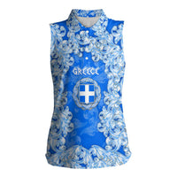 Greece Baroque Pattern Women Sleeveless Polo Shirt with Greek Flag Crest and Country Map