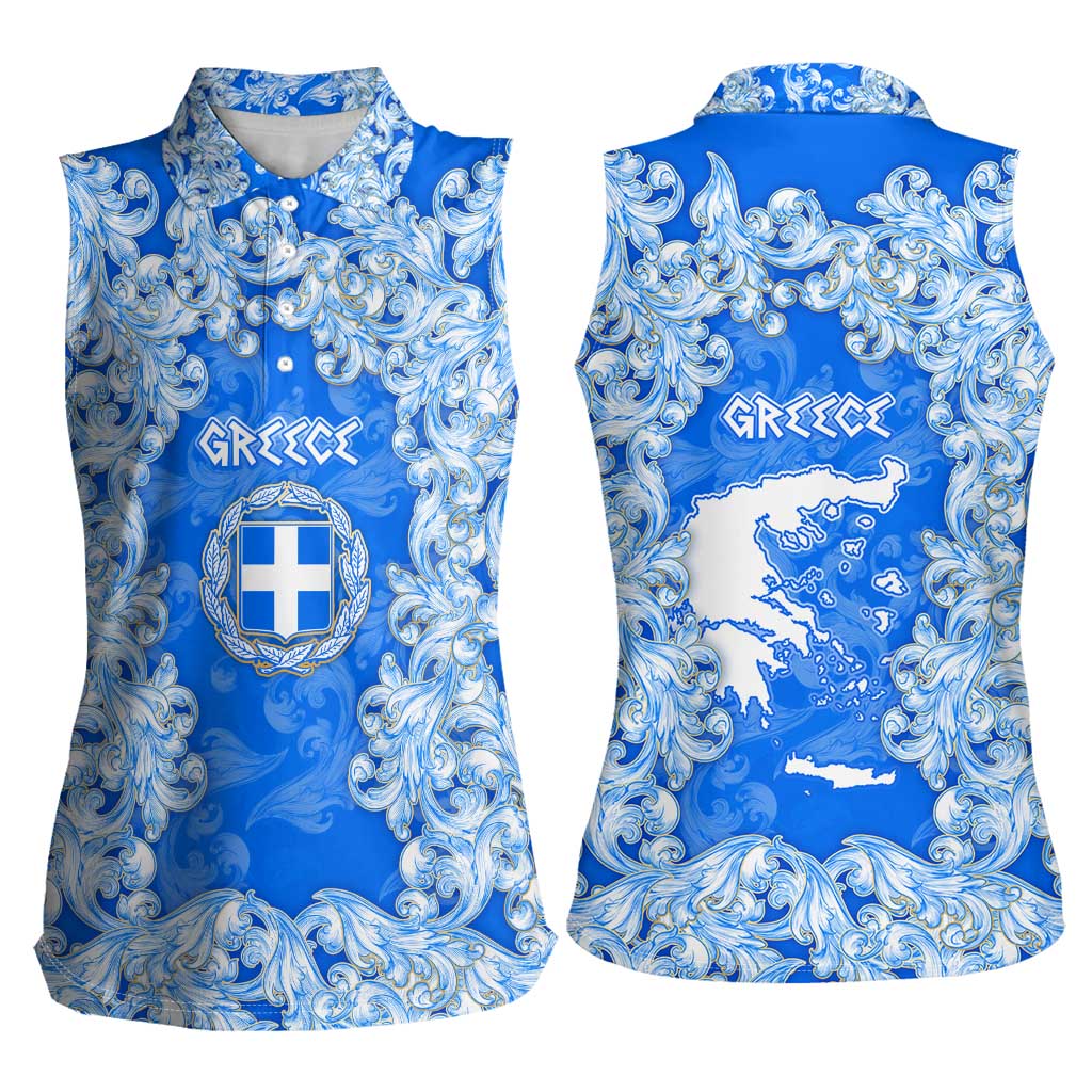 Greece Baroque Pattern Women Sleeveless Polo Shirt with Greek Flag Crest and Country Map