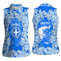 Greece Baroque Pattern Women Sleeveless Polo Shirt with Greek Flag Crest and Country Map