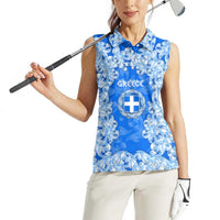 Greece Baroque Pattern Women Sleeveless Polo Shirt with Greek Flag Crest and Country Map