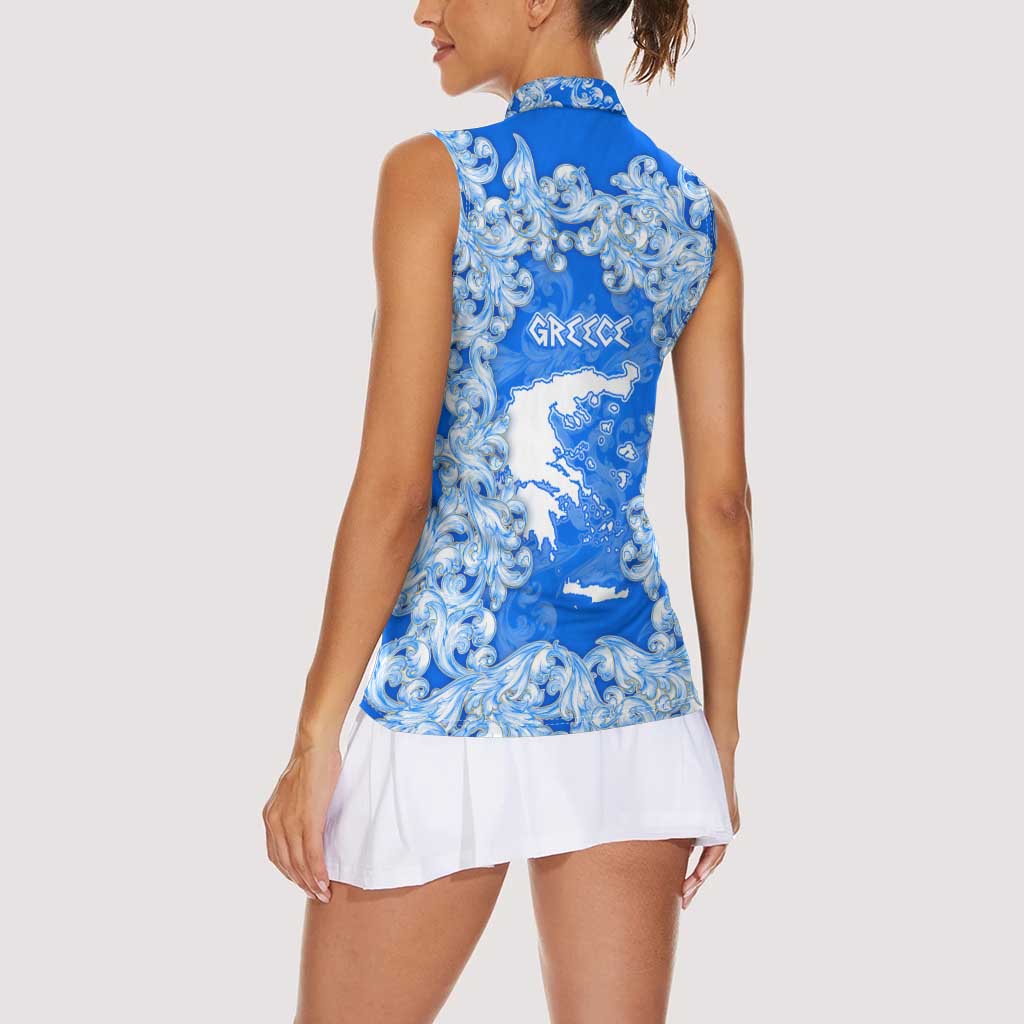 Greece Baroque Pattern Women Sleeveless Polo Shirt with Greek Flag Crest and Country Map
