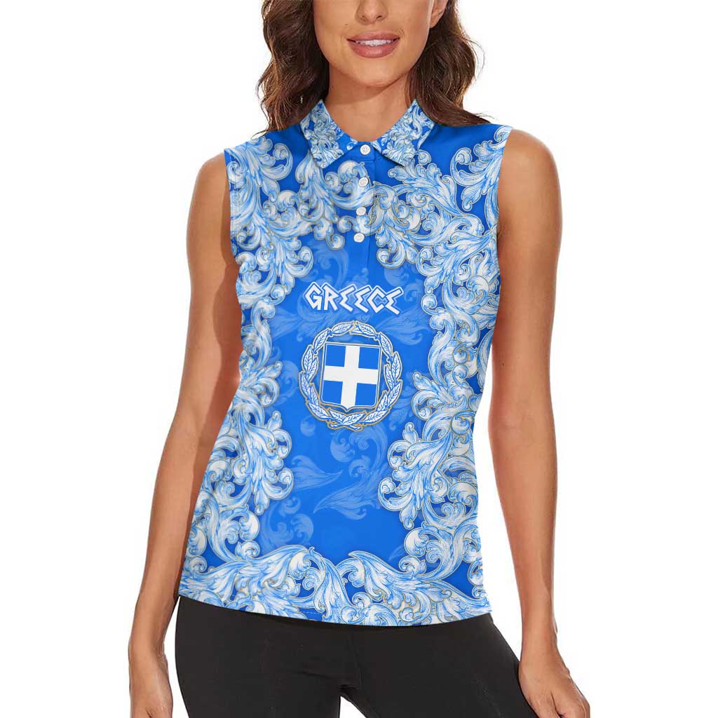 Greece Baroque Pattern Women Sleeveless Polo Shirt with Greek Flag Crest and Country Map