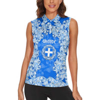 Greece Baroque Pattern Women Sleeveless Polo Shirt with Greek Flag Crest and Country Map