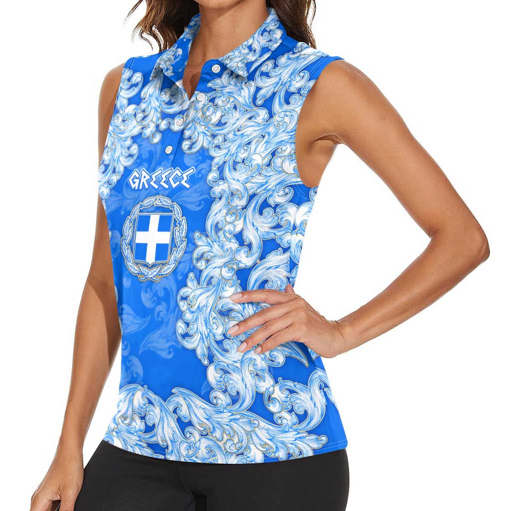 Greece Baroque Pattern Women Sleeveless Polo Shirt with Greek Flag Crest and Country Map