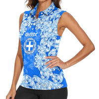 Greece Baroque Pattern Women Sleeveless Polo Shirt with Greek Flag Crest and Country Map