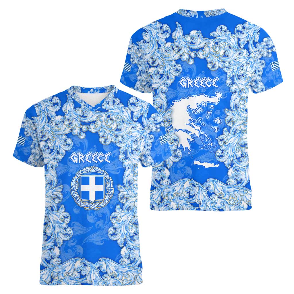 Greece Baroque Pattern Women V-Neck T-Shirt with Greek Flag Crest and Country Map