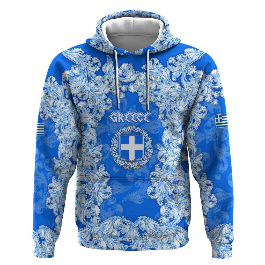 Greece Baroque Pattern Zip Hoodie with Greek Flag Crest and Country Map