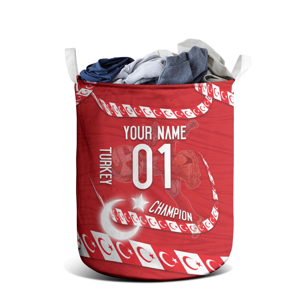 Personalized Turkey Football Bozkurt Mascot Laundry Basket Turkish Flag Crescent Moon Red And White Comic Art