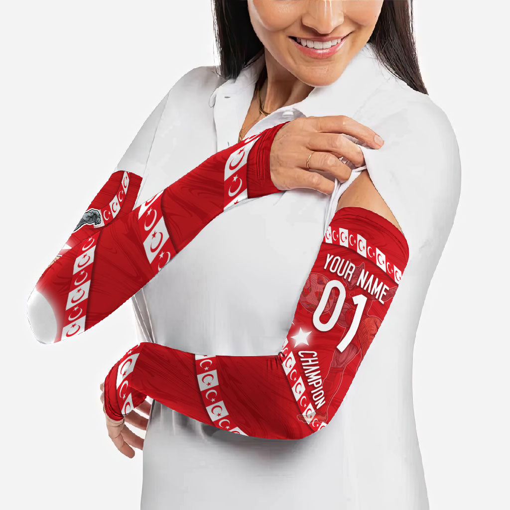 Personalized Turkey Football Bozkurt Mascot Arm Sleeves Turkish Flag Crescent Moon Red And White Comic Art