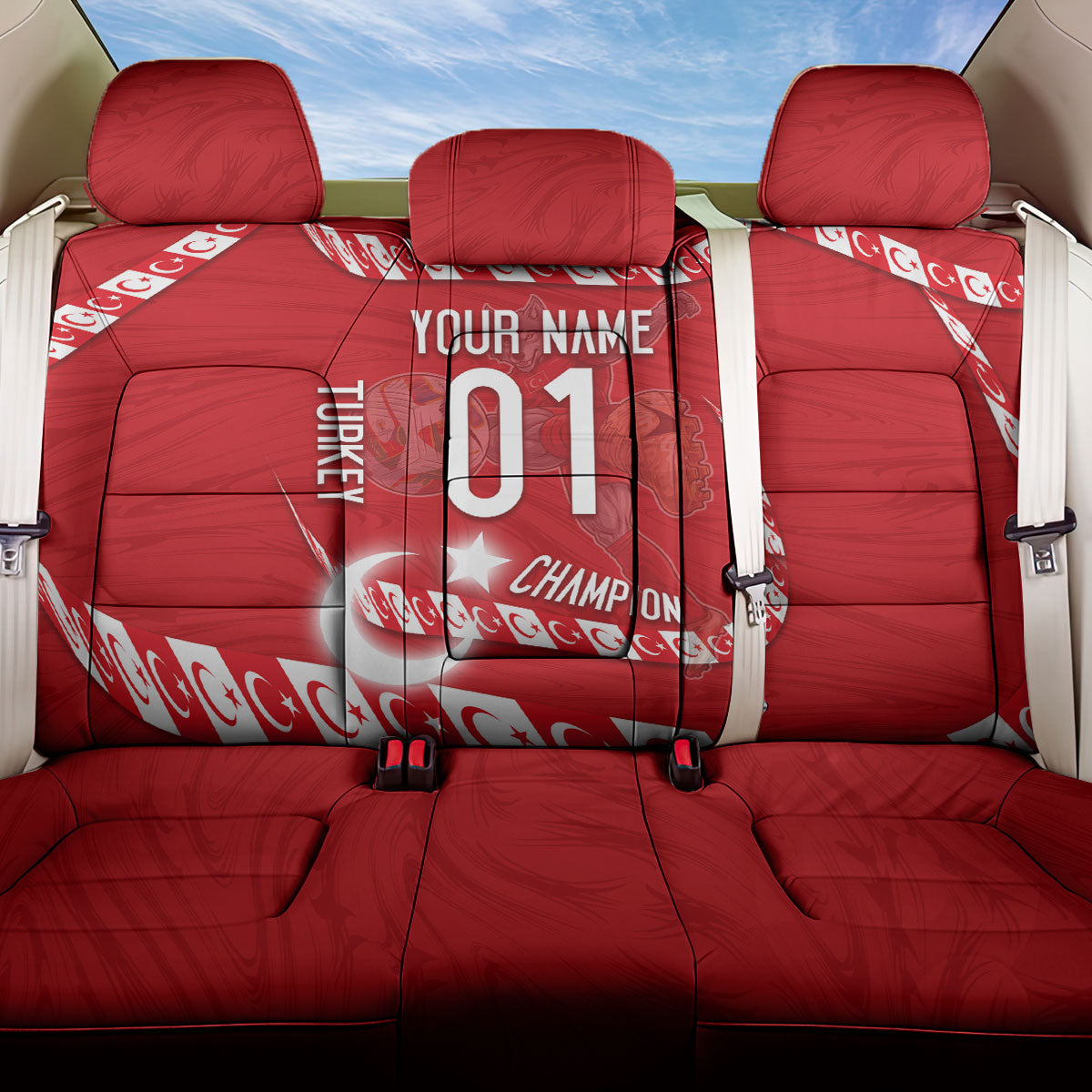 Personalized Turkey Football Bozkurt Mascot Back Car Seat Cover Turkish Flag Crescent Moon Red And White Comic Art
