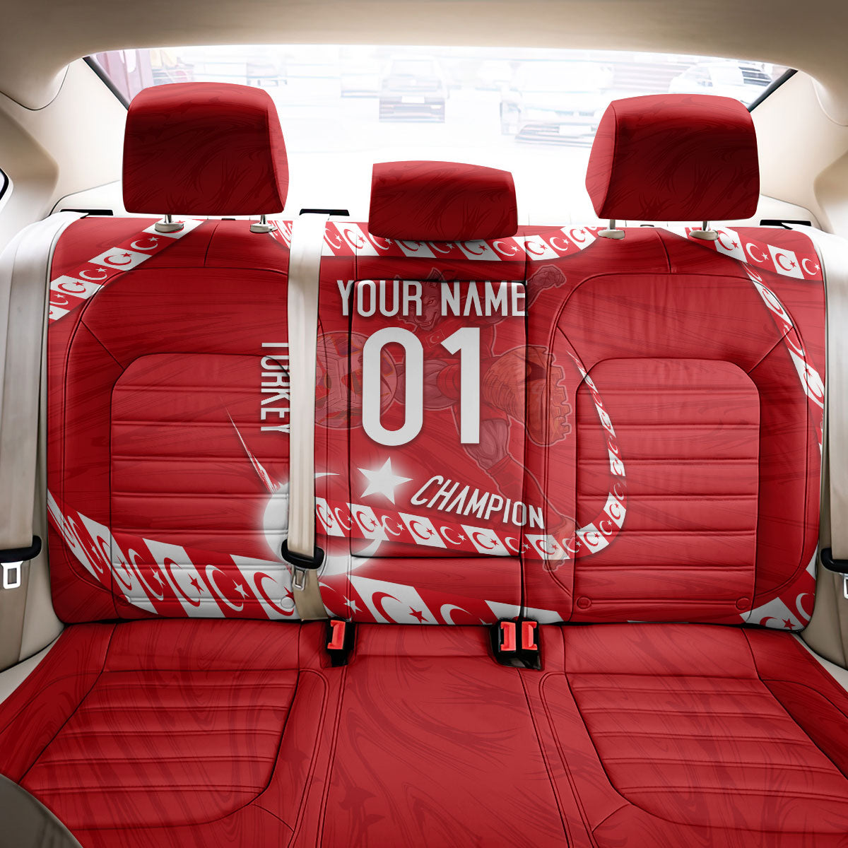 Personalized Turkey Football Bozkurt Mascot Back Car Seat Cover Turkish Flag Crescent Moon Red And White Comic Art