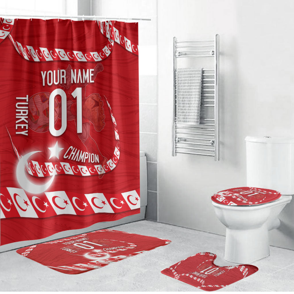 Personalized Turkey Football Bozkurt Mascot Bathroom Set Turkish Flag Crescent Moon Red And White Comic Art