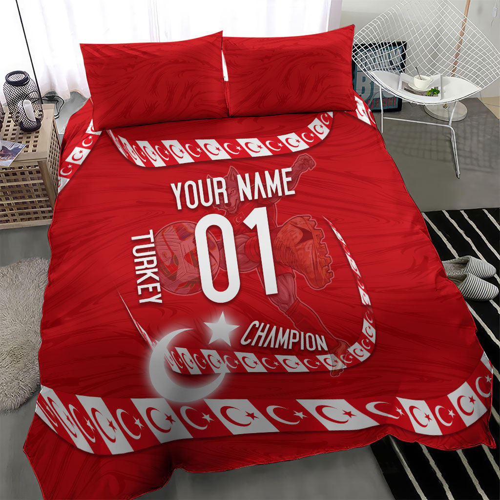 Personalized Turkey Football Bozkurt Mascot Bedding Set Turkish Flag Crescent Moon Red And White Comic Art