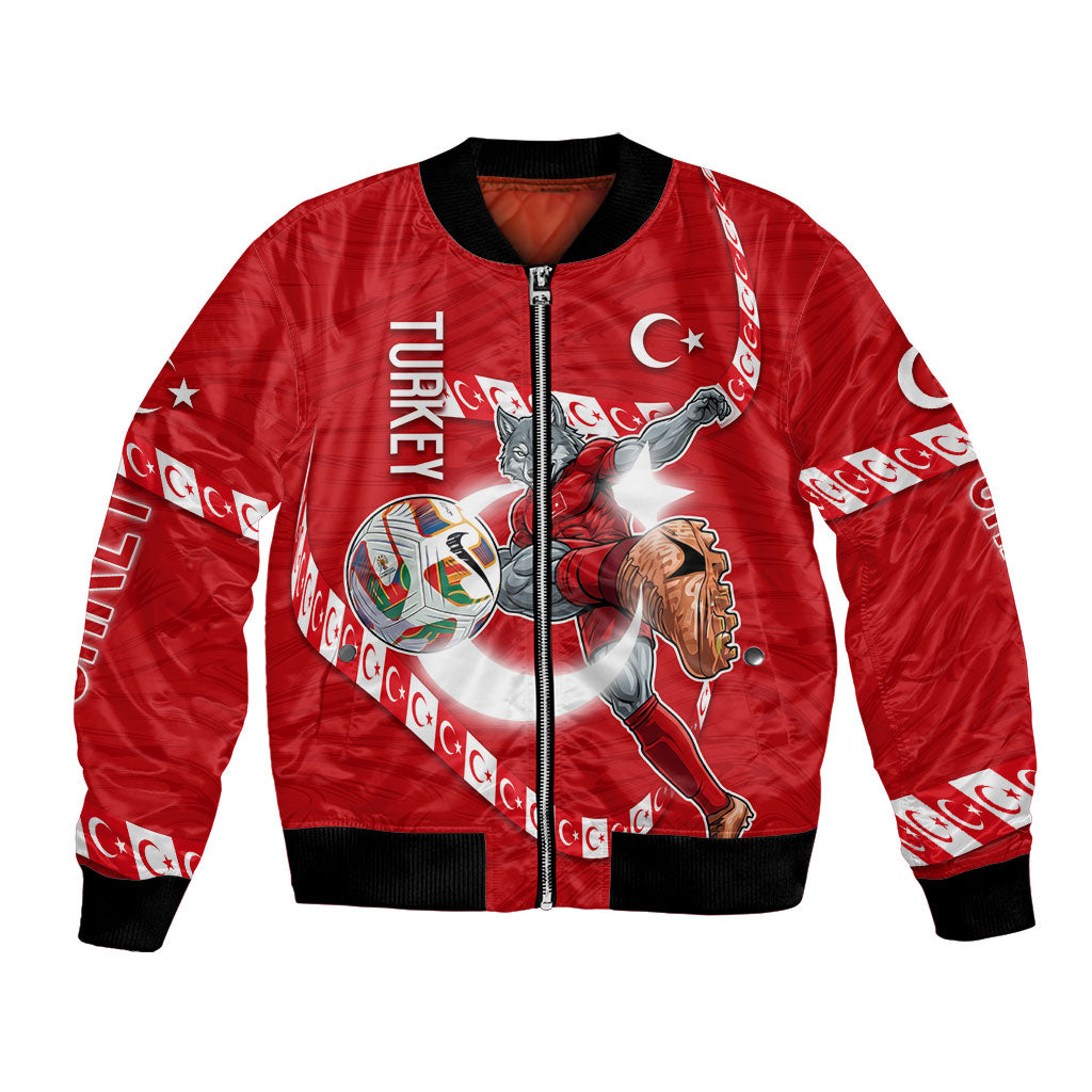 Personalized Turkey Football Bozkurt Mascot Bomber Jacket Turkish Flag Crescent Moon Red And White Comic Art