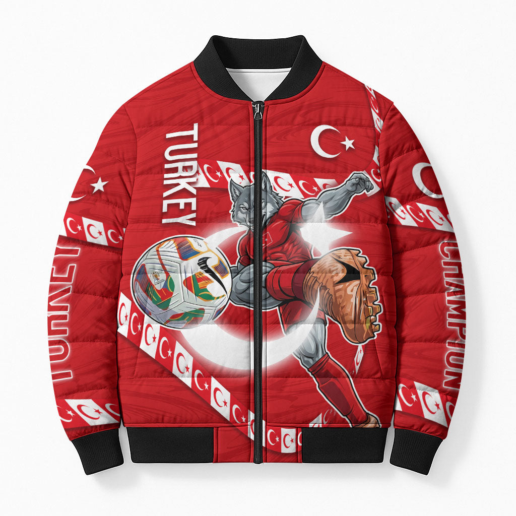 Personalized Turkey Football Bozkurt Mascot Bomber Puffer Jacket Turkish Flag Crescent Moon Red And White Comic Art