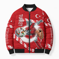 Personalized Turkey Football Bozkurt Mascot Bomber Puffer Jacket Turkish Flag Crescent Moon Red And White Comic Art