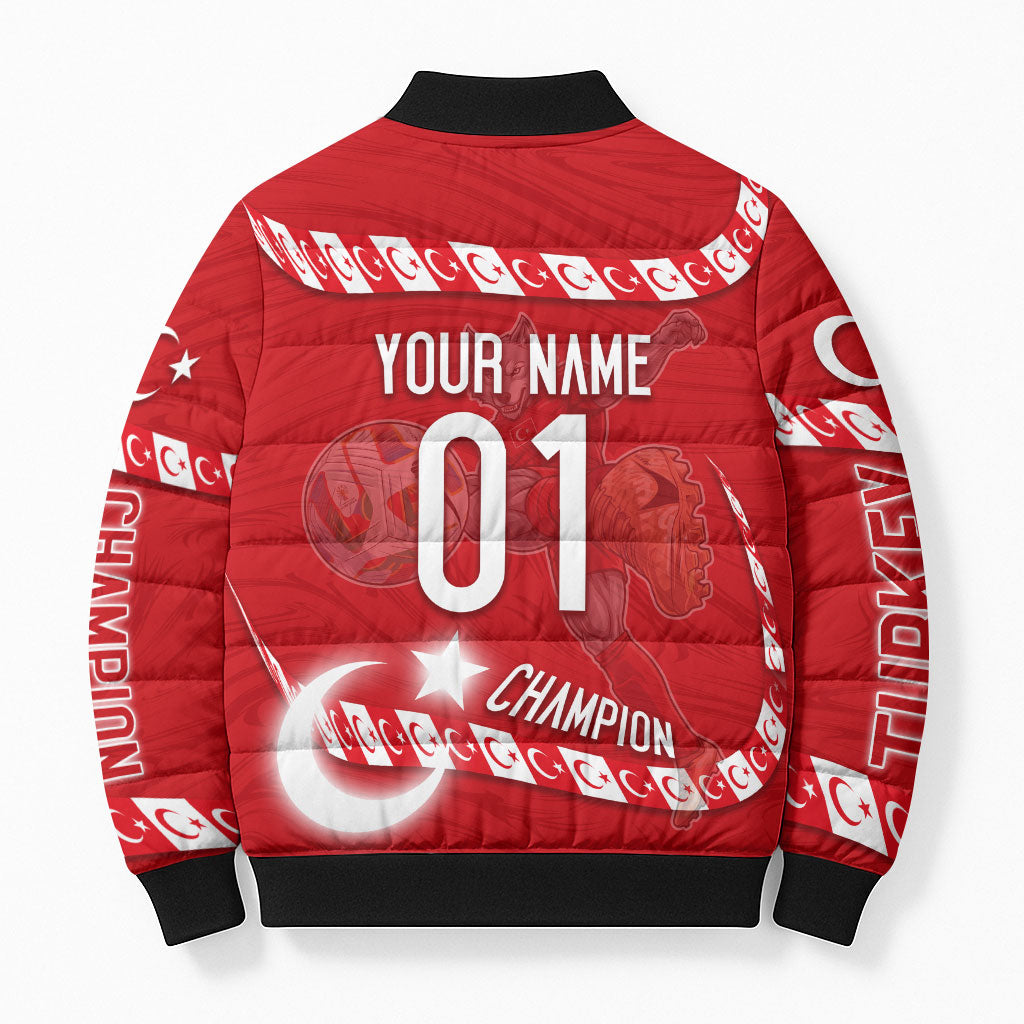 Personalized Turkey Football Bozkurt Mascot Bomber Puffer Jacket Turkish Flag Crescent Moon Red And White Comic Art