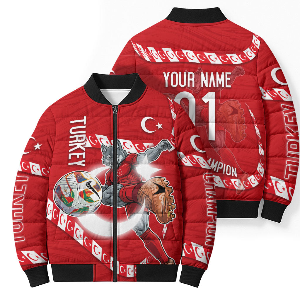 Personalized Turkey Football Bozkurt Mascot Bomber Puffer Jacket Turkish Flag Crescent Moon Red And White Comic Art