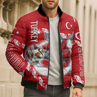 Personalized Turkey Football Bozkurt Mascot Bomber Puffer Jacket Turkish Flag Crescent Moon Red And White Comic Art