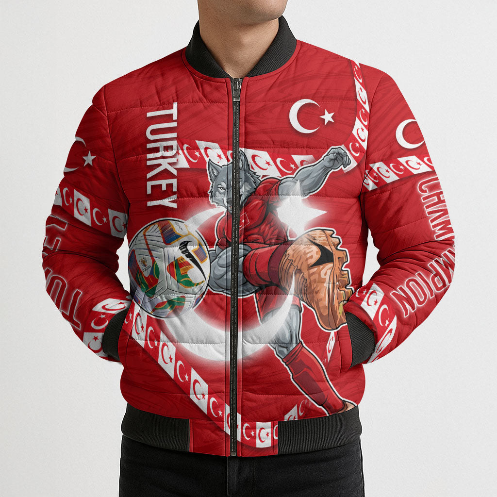 Personalized Turkey Football Bozkurt Mascot Bomber Puffer Jacket Turkish Flag Crescent Moon Red And White Comic Art