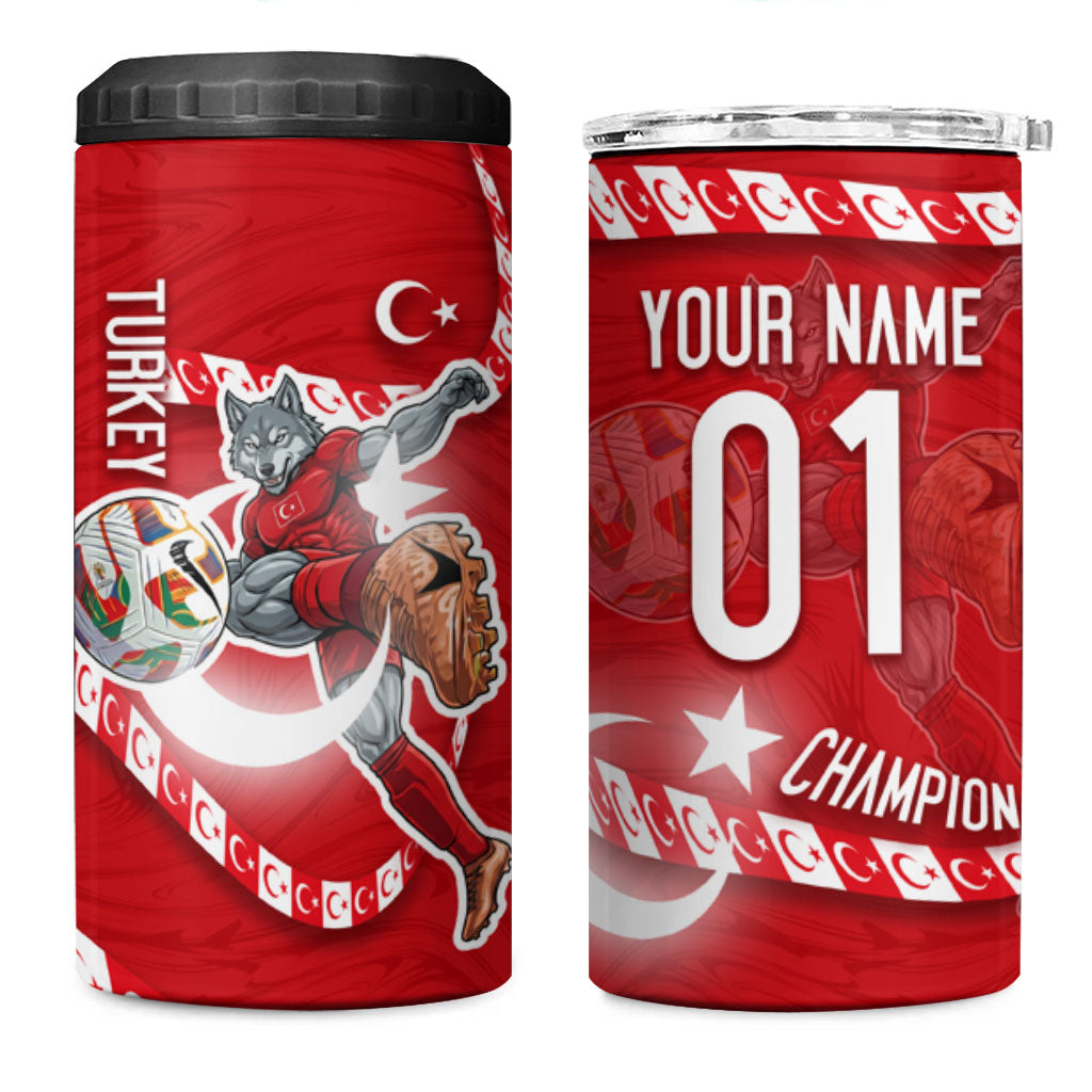 Personalized Turkey Football Bozkurt Mascot 4 in 1 Can Cooler Tumbler Turkish Flag Crescent Moon Red And White Comic Art