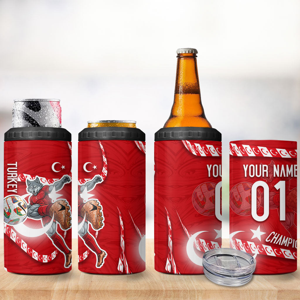 Personalized Turkey Football Bozkurt Mascot 4 in 1 Can Cooler Tumbler Turkish Flag Crescent Moon Red And White Comic Art