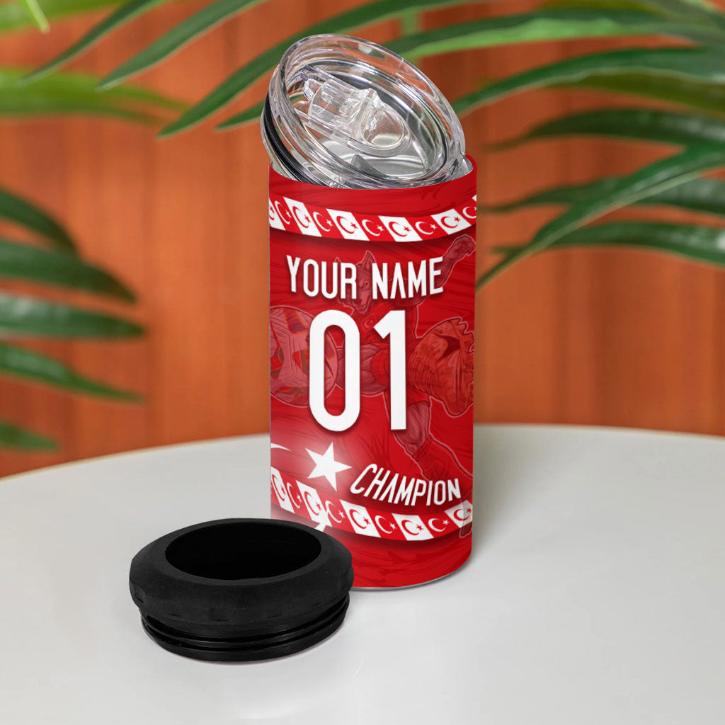 Personalized Turkey Football Bozkurt Mascot 4 in 1 Can Cooler Tumbler Turkish Flag Crescent Moon Red And White Comic Art