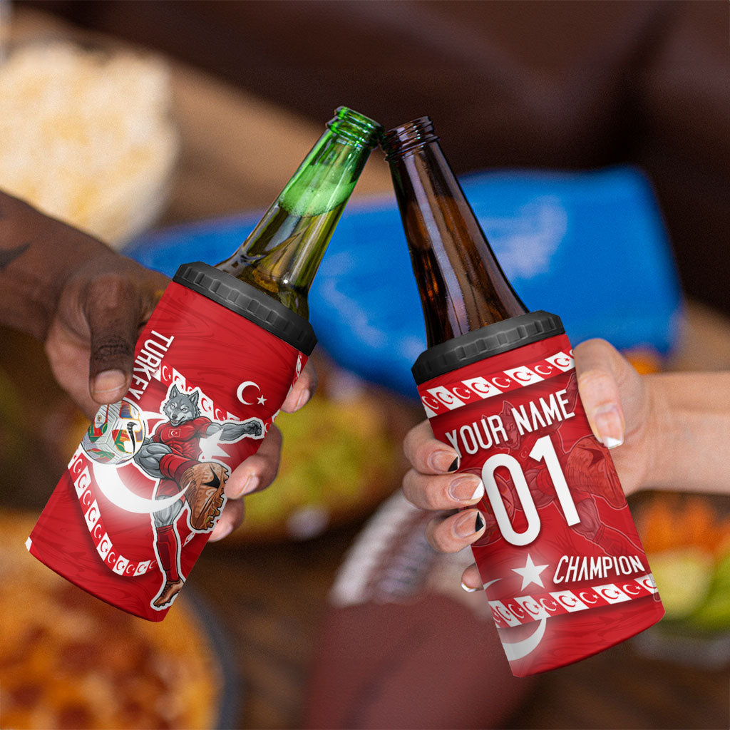 Personalized Turkey Football Bozkurt Mascot 4 in 1 Can Cooler Tumbler Turkish Flag Crescent Moon Red And White Comic Art