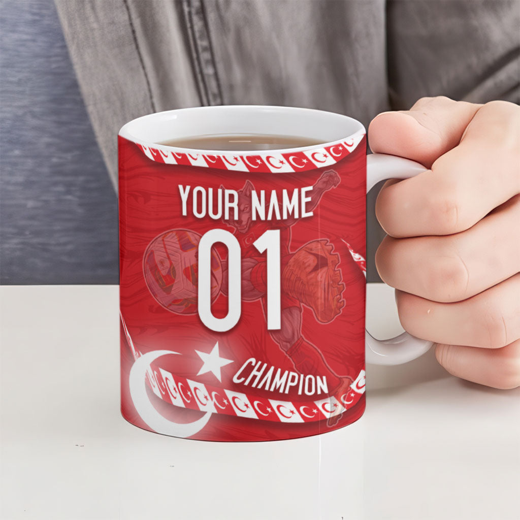 Personalized Turkey Football Bozkurt Mascot Ceramic Mug Turkish Flag Crescent Moon Red And White Comic Art