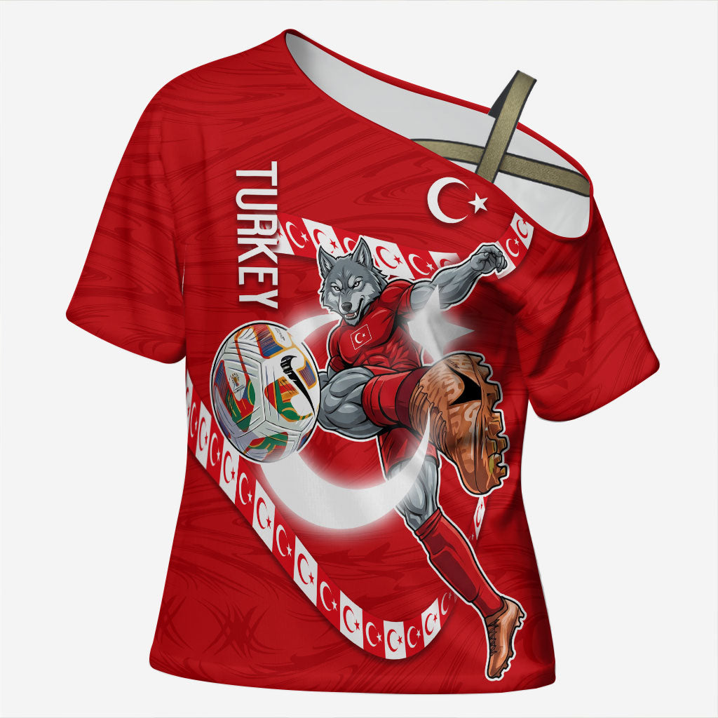 Personalized Turkey Football Bozkurt Mascot Cross Shoulder Shirt Turkish Flag Crescent Moon Red And White Comic Art