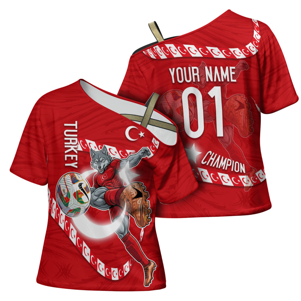 Personalized Turkey Football Bozkurt Mascot Cross Shoulder Shirt Turkish Flag Crescent Moon Red And White Comic Art