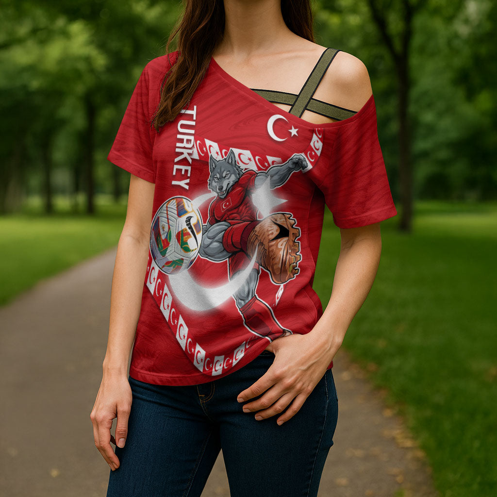 Personalized Turkey Football Bozkurt Mascot Cross Shoulder Shirt Turkish Flag Crescent Moon Red And White Comic Art