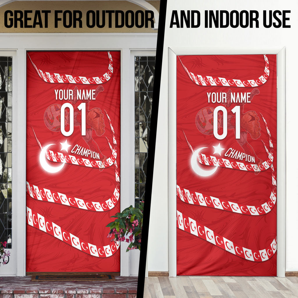 Personalized Turkey Football Bozkurt Mascot Door Cover Turkish Flag Crescent Moon Red And White Comic Art