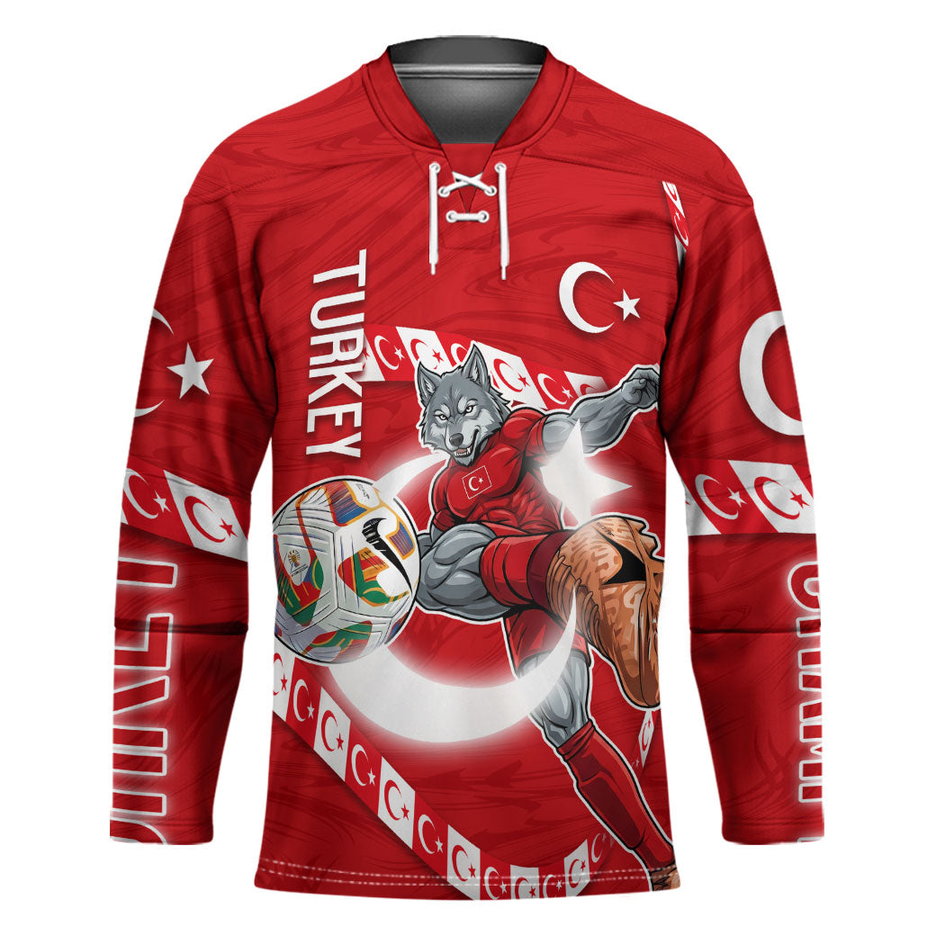 Personalized Turkey Football Bozkurt Mascot Hockey Jersey Turkish Flag Crescent Moon Red And White Comic Art