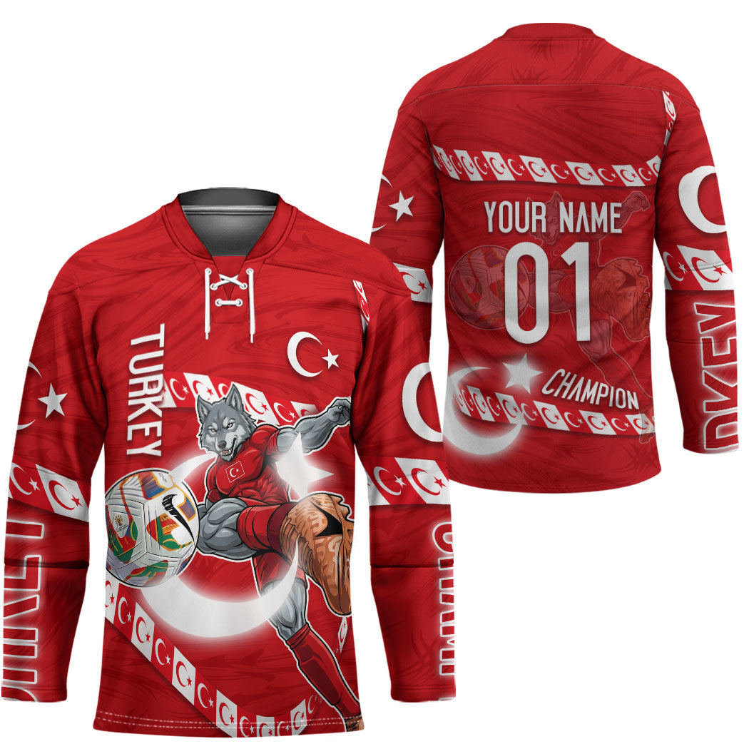 Personalized Turkey Football Bozkurt Mascot Hockey Jersey Turkish Flag Crescent Moon Red And White Comic Art