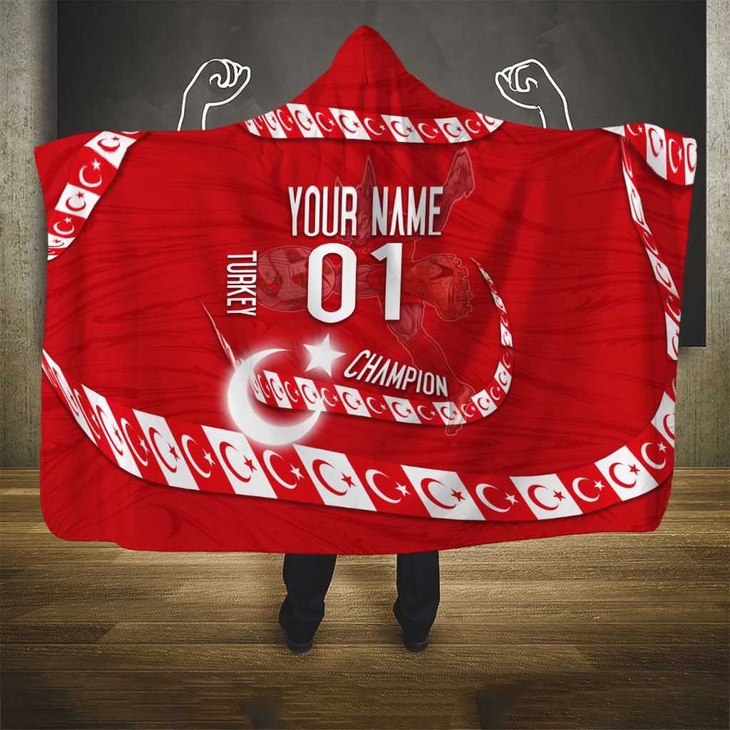 Personalized Turkey Football Bozkurt Mascot Hooded Blanket Turkish Flag Crescent Moon Red And White Comic Art