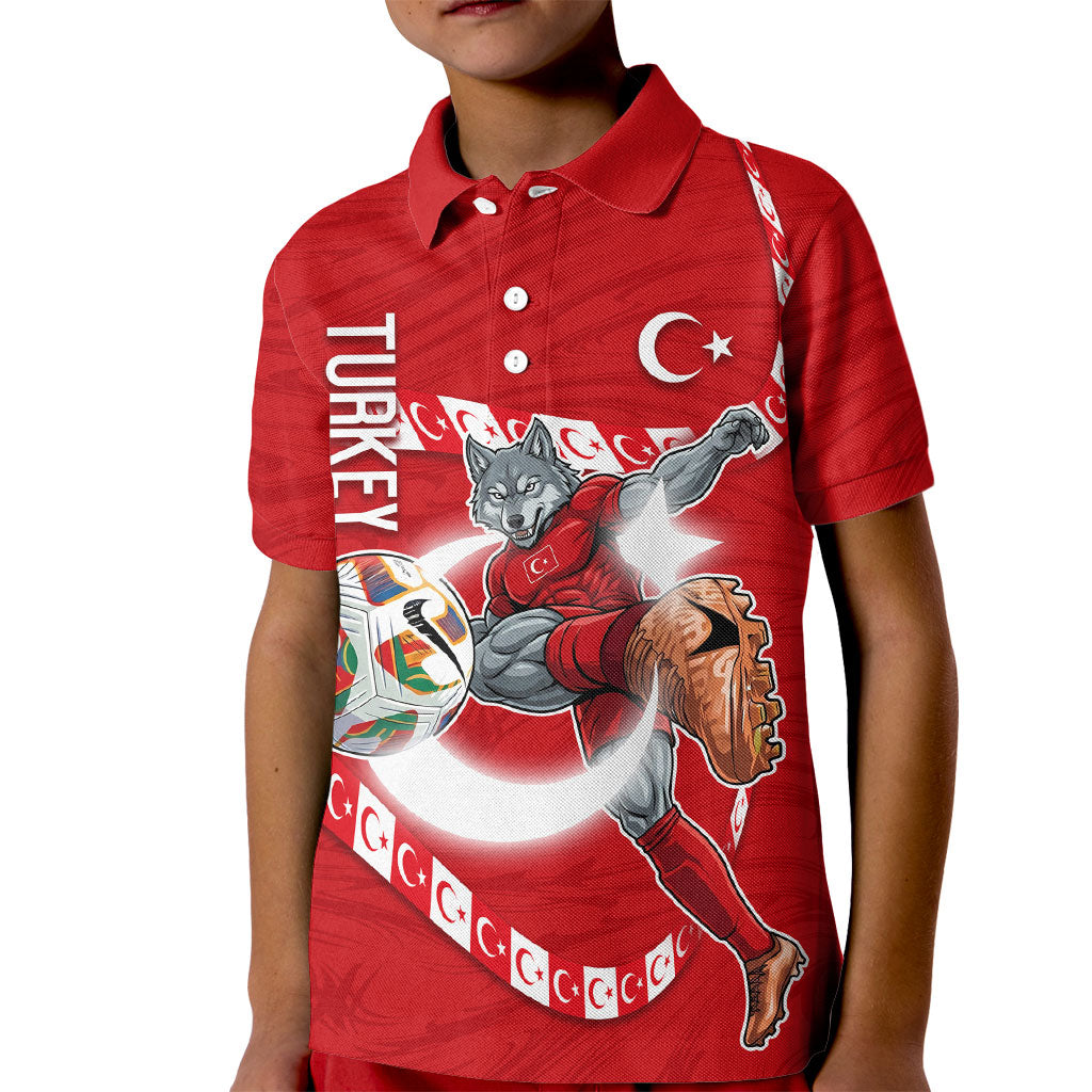 Personalized Turkey Football Bozkurt Mascot Kid Polo Shirt Turkish Flag Crescent Moon Red And White Comic Art