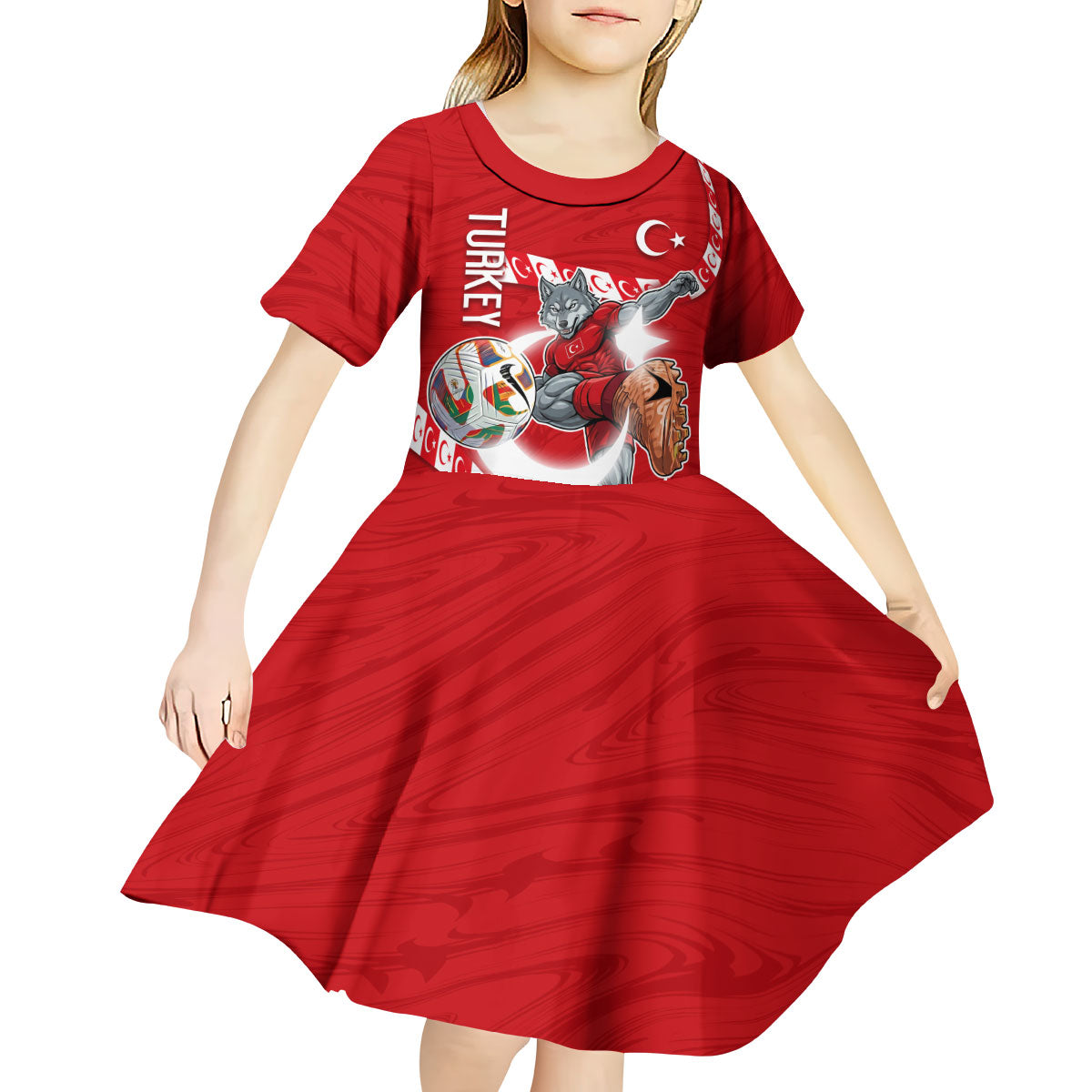 Personalized Turkey Football Bozkurt Mascot Kid Short Sleeve Dress Turkish Flag Crescent Moon Red And White Comic Art