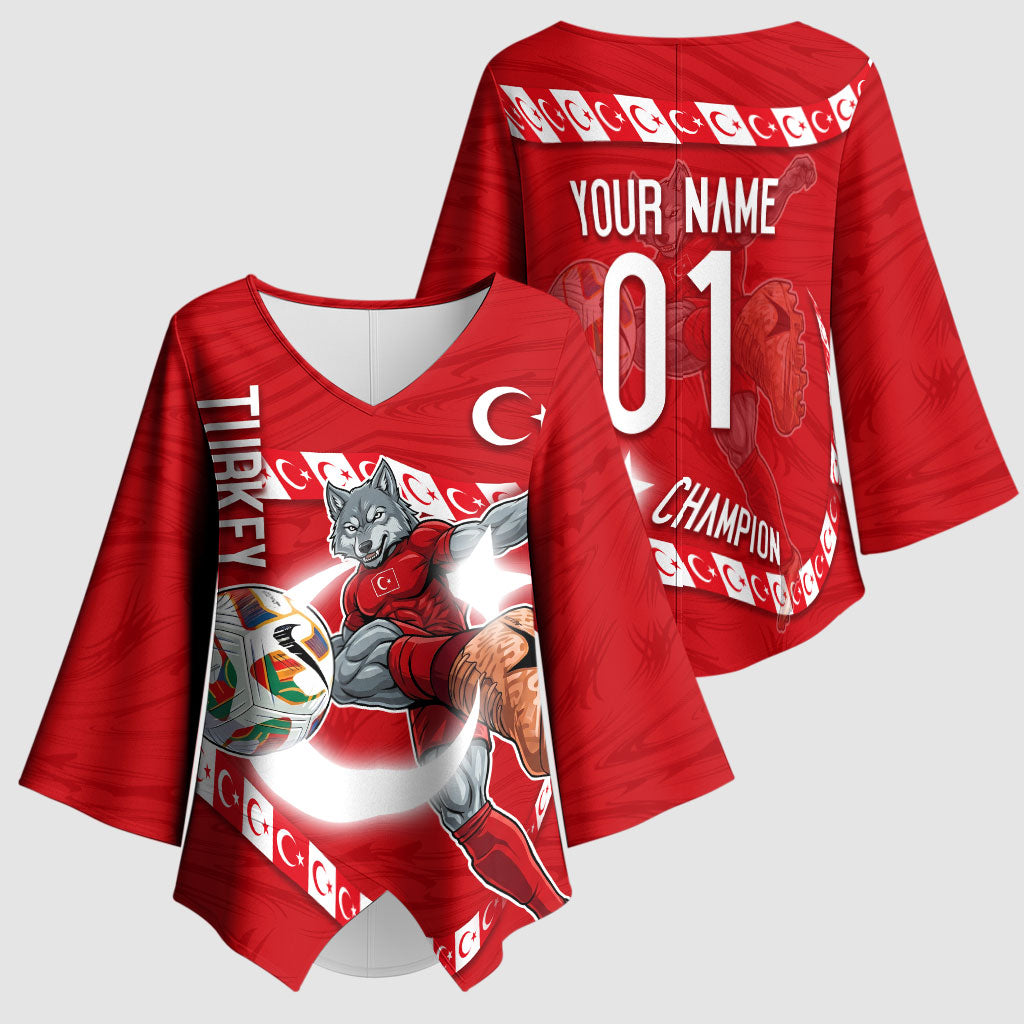 Personalized Turkey Football Bozkurt Mascot Kimono Sleeve Blouse Turkish Flag Crescent Moon Red And White Comic Art