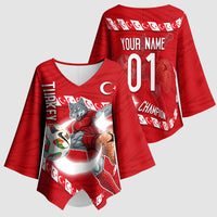 Personalized Turkey Football Bozkurt Mascot Kimono Sleeve Blouse Turkish Flag Crescent Moon Red And White Comic Art