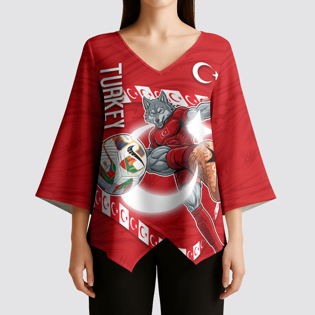 Personalized Turkey Football Bozkurt Mascot Kimono Sleeve Blouse Turkish Flag Crescent Moon Red And White Comic Art