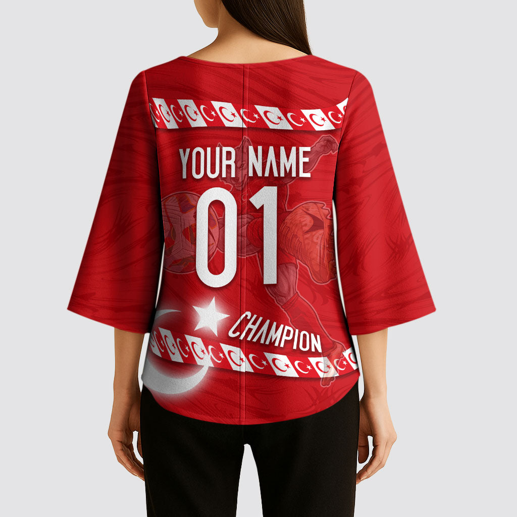 Personalized Turkey Football Bozkurt Mascot Kimono Sleeve Blouse Turkish Flag Crescent Moon Red And White Comic Art